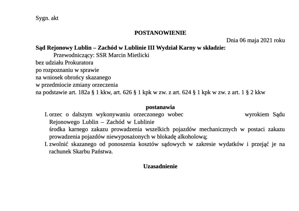 Postanowienie zmieniające zakaz prowadzenia pojazdów - blokada alkoholowa